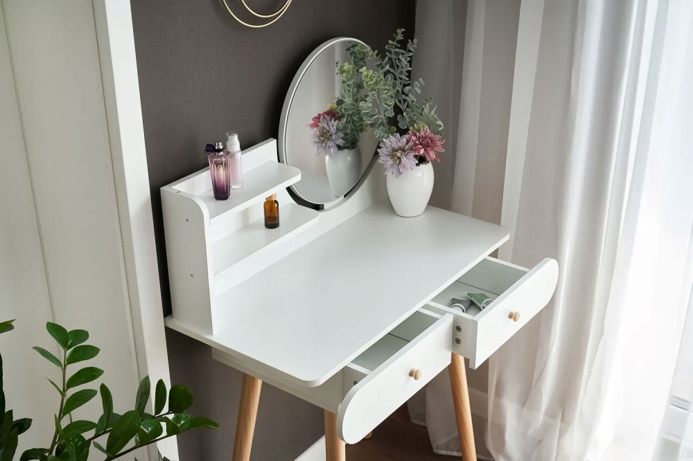 Modern Dressing Table with Mirror and Shelves ModernHome, White (1)