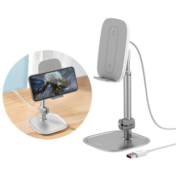 Baseus Telescopic Desktop Bracket Phone Holder Wireless Qi Charger 15W with USB Cable, Silver