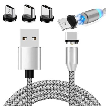 Magnetic 3 in 1 Charging Cable for USB C Micro USB and Lightning Devices 1m, silver