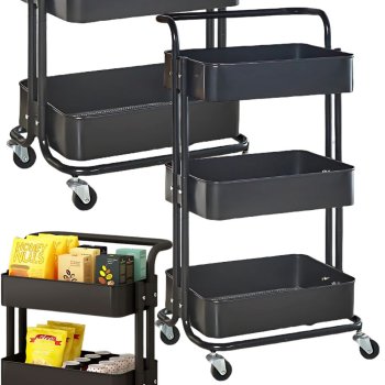 3-Tier Rolling Utility Cart Metal Storage Organizer, Black