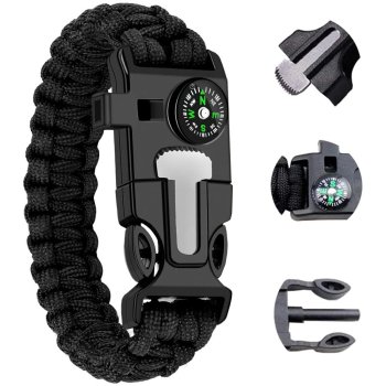 5 in 1 Paracord Survival Bracelet with Compass, Fire Starter, and Whistle, Black