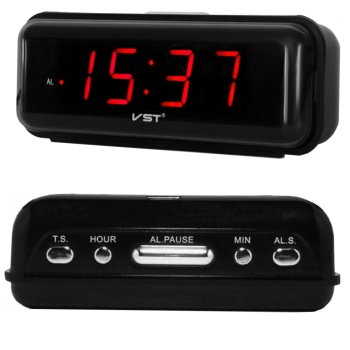 Plug-In Digital Alarm Clock with Large Red LED Display, Black