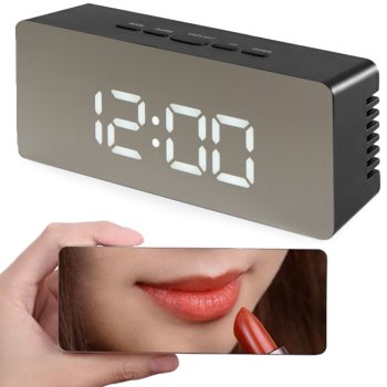 Multifunctional LED alarm clock with thermometer, mirror and date display, black