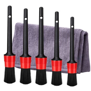Car Detailing Brush Set with Microfiber Cloth for Interior and Wheels, Black-Red