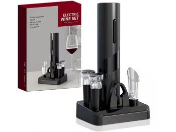Electric Corkscrew Including Foil Cutter, Wine Pourer / Wine Opener Accessory Set, Black