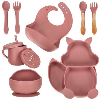 Set of silicone children's dishes 9 elements, dark pink