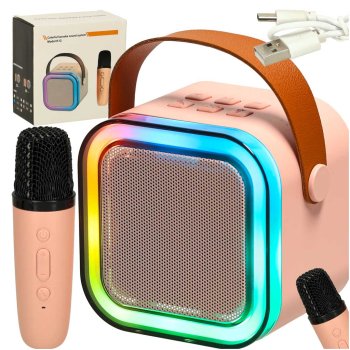 Karaoke set with portable Bluetooth speaker and microphone, USB, LED, pink