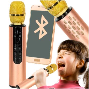 Wireless Karaoke Microphone for Kids with Bluetooth Speaker 2000mAh SD USB, Gold