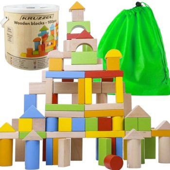 Constructor Wooden Blocks Bricks in Bucket Sorter, 105 pcs