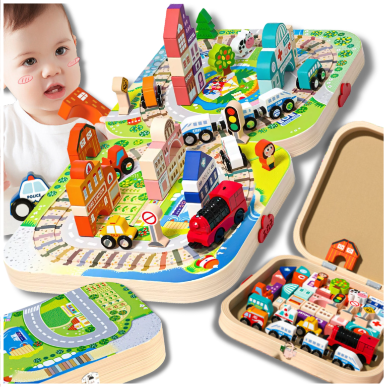 Wooden City Train Set for Kids Educational Building Blocks in Carry Case