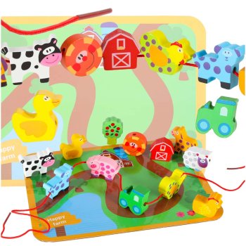 Wooden Farm Animals Lacing Toy with Threading Board