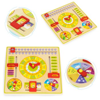 ECOTOYS Wooden Educational Activity Board with Calendar and Clock