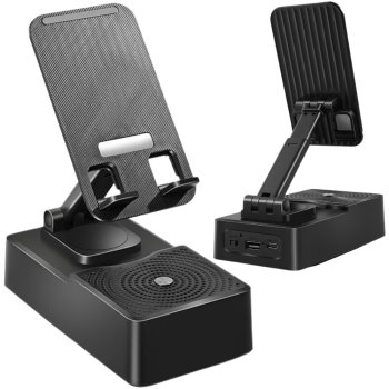 Adjustable Desk Phone Stand with Bluetooth Speaker and Tablet Holder, Black
