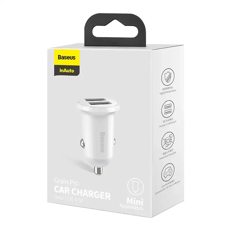 Baseus Grain Pro Car Charger 2x USB 4.8A, White