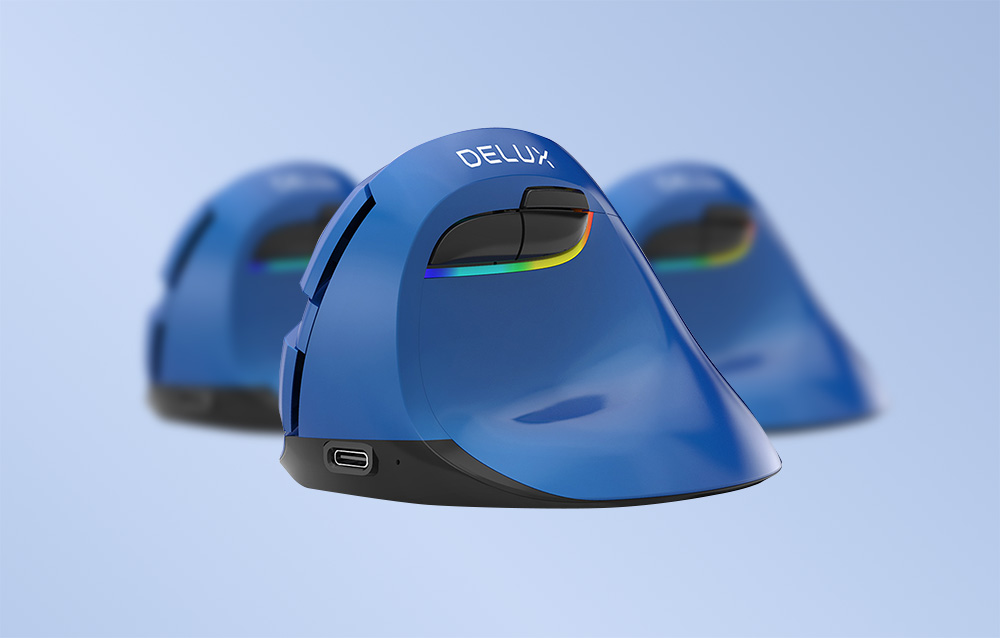 Wireless Vertical Computer Mouse Delux M618Mini BT4.0 + 2.4Ghz 4000 DPI RGB, Blue