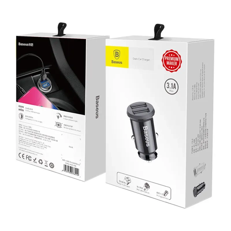 Baseus Grain Car Charger 2x USB 5V 3.1A, Black | Automašīnas Telefona Lādētājs, Uzlādes Ierīce
