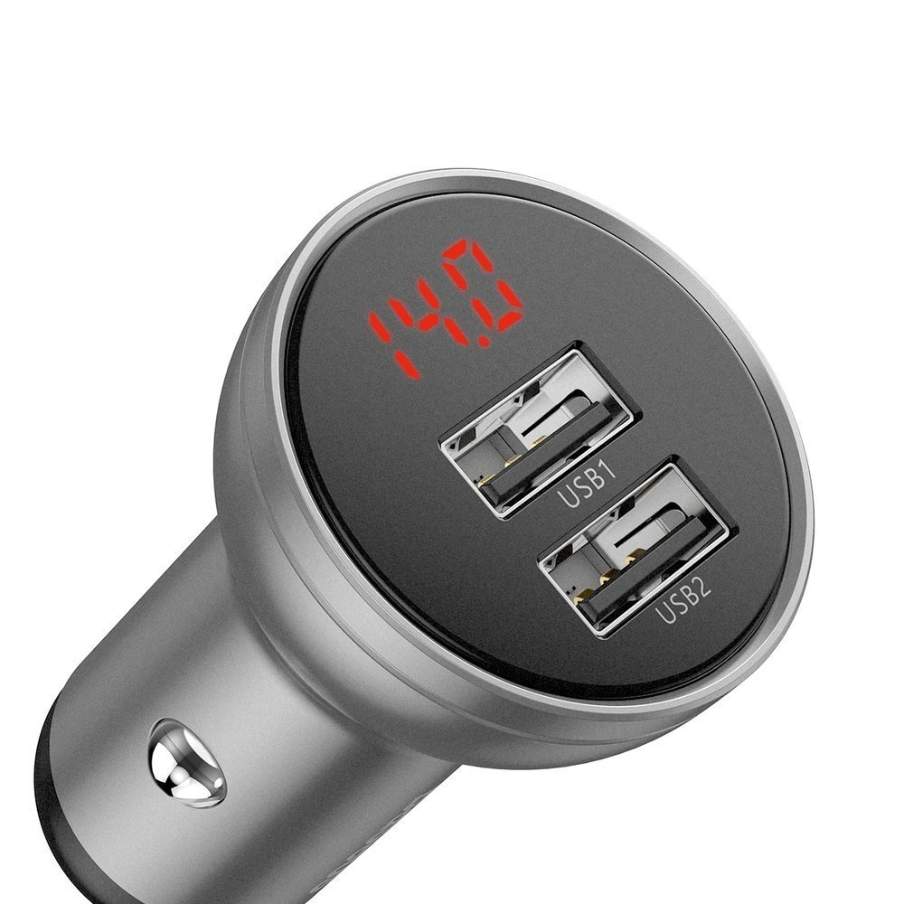 Baseus Digital Display Dual USB Car Charger 4.8A, 24W, Silver | Автомобильное Зарядное...