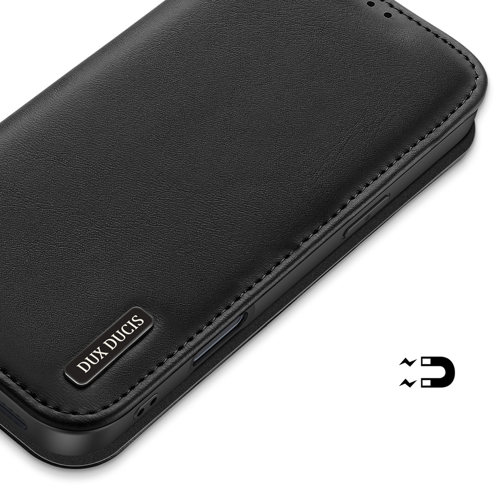Apple iPhone 16 6.1\'\' Dux Ducis Hivo Genuine Leather Book Case Cover, Black