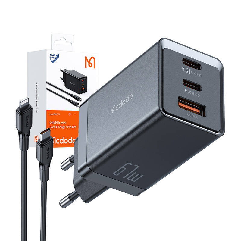 Mcdodo CH-1544 GaN Wall Charger 67W USB + 2x Type C + Charging Data Cable ( Type C to iPhone Apple Lightning ), Black