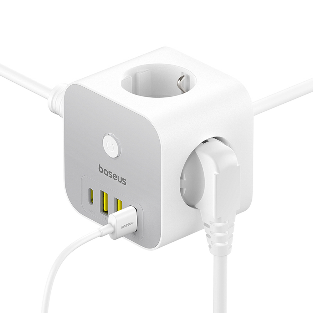 Baseus PowerCombo 7 in 1 Power Strip Cube, 3 AC + 3 x USB-A + 1 x USB-C, 20W, 1.5m, White