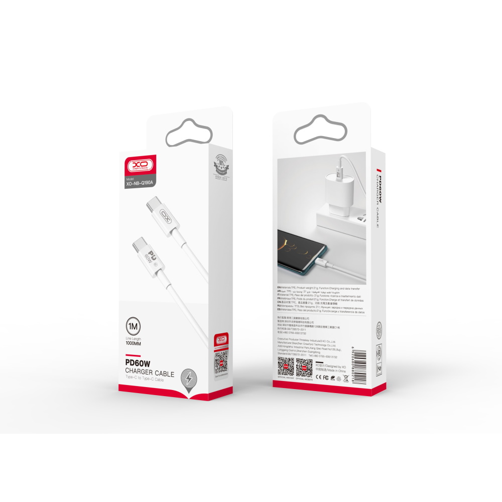 XO NB-Q190A USB Type C to USB Type C Data Charging Cable 60W, 1m, White