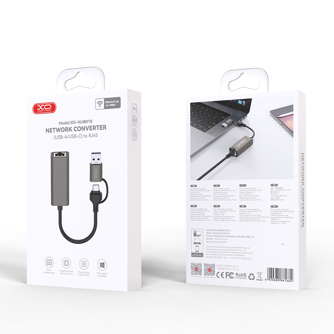 XO HUB018 2-in-1 USB-A / USB-C to RJ45 Network Adapter, Grey