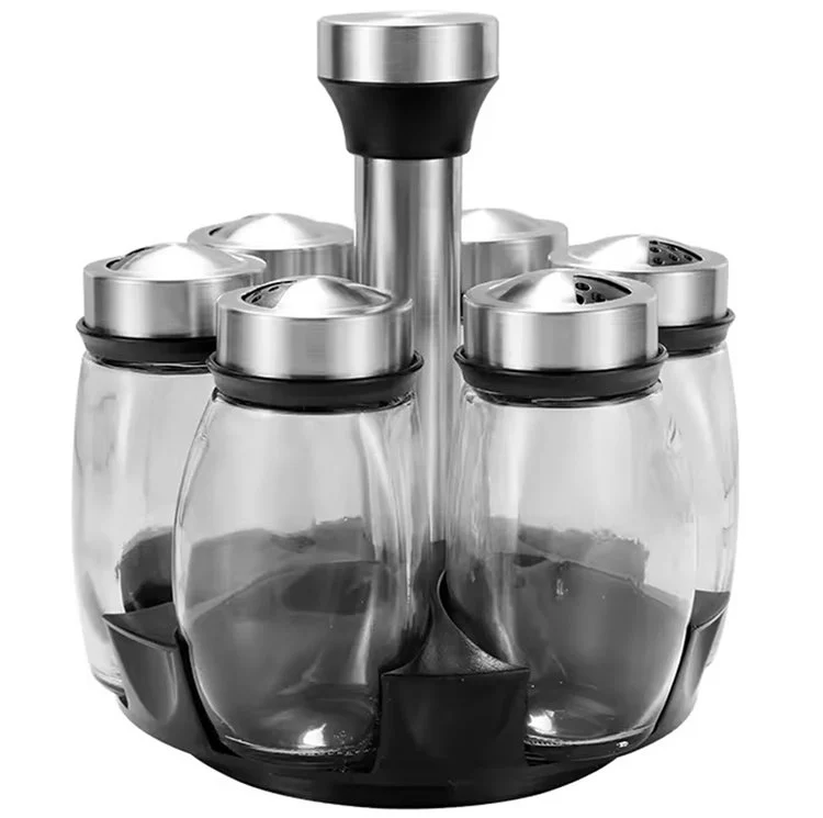 Rotating Spice Rack Set with 6 Jars, Black/Silver