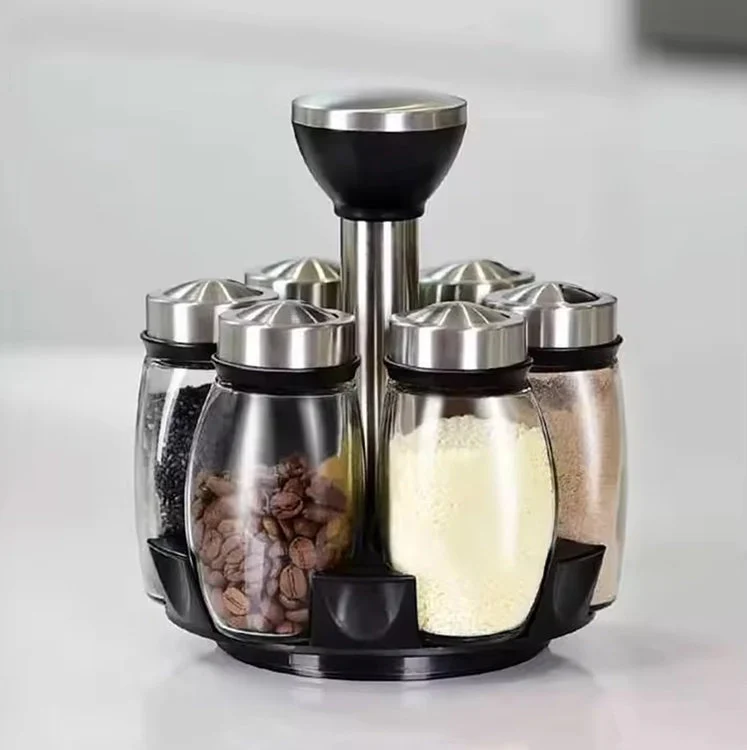 Rotating Spice Rack Set with 6 Jars, Black/Silver