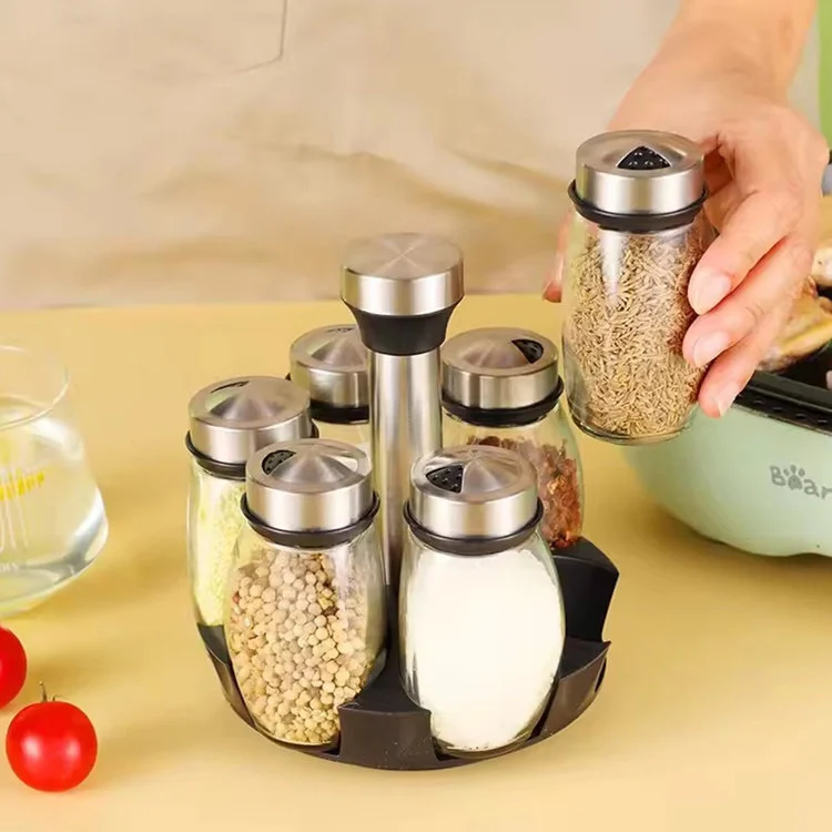 Rotating Spice Rack Set with 6 Jars, Black/Silver