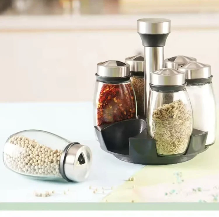 Rotating Spice Rack Set with 6 Jars, Black/Silver