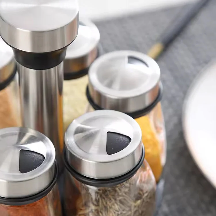 Rotating Spice Rack Set with 6 Jars, Black/Silver