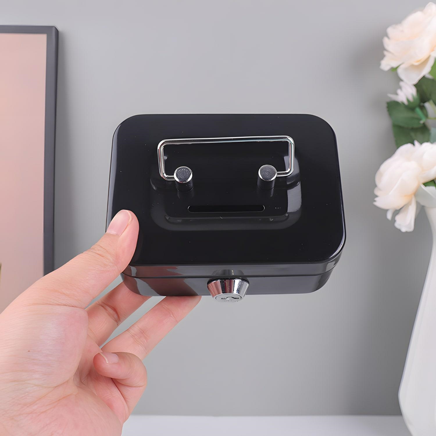 Small Metal Cash Box with Key Lock & Coin Slot, Black