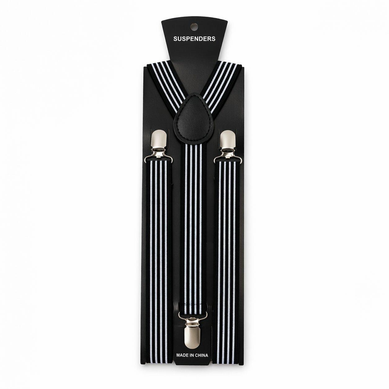 Y-Back Adjustable Suspenders Size M-XL, Black with White Stripes