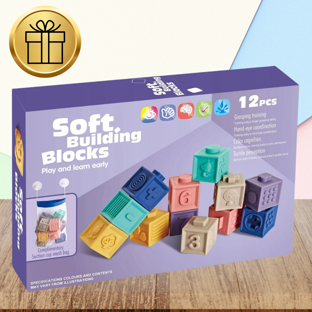 Soft Sensory Blocks with Numbers & Teether for Babies, 13 Pcs