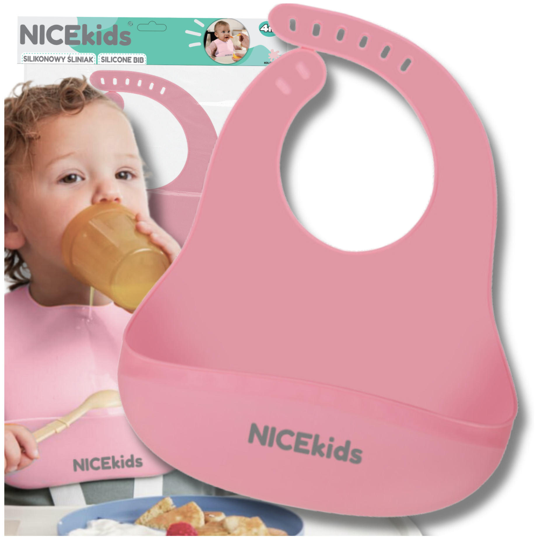 Nicekids Waterproof Silicone Baby Bib with Pocket, Pink