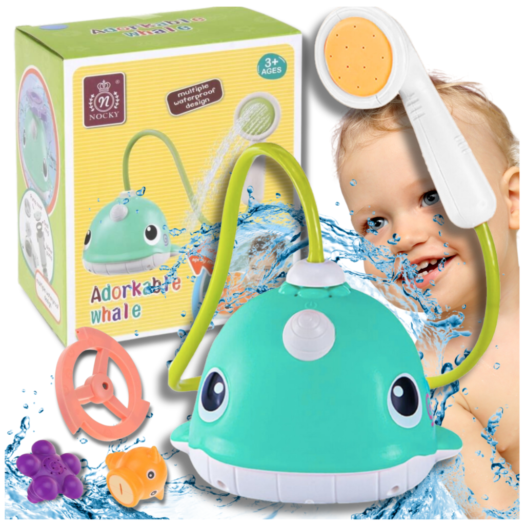 Educational Whale Fountain Bath Toy with Shower and 3 Spray Nozzles