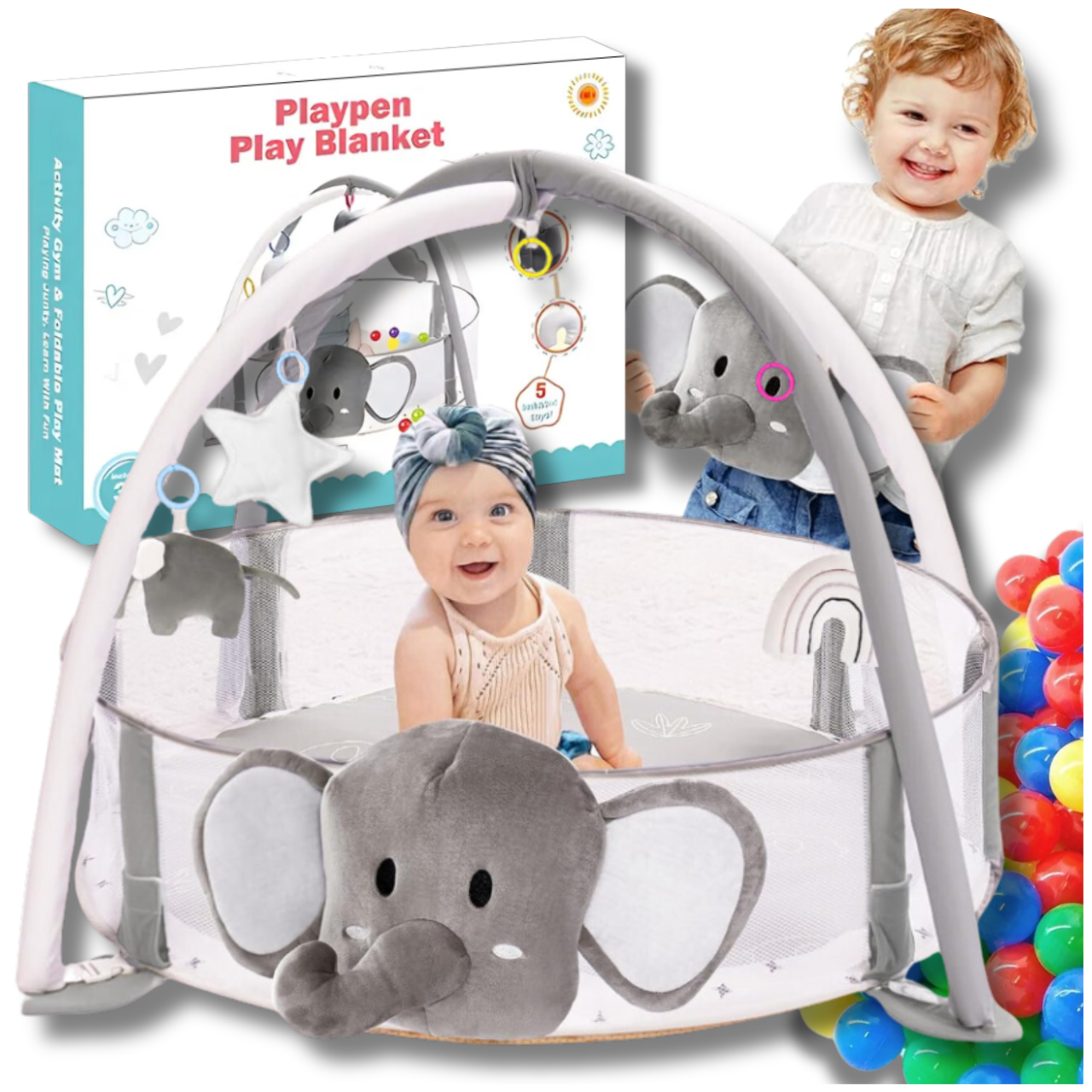 4-in-1 Baby Activity Gym Play Mat with Elephant, Ball Pit & Soft Toys