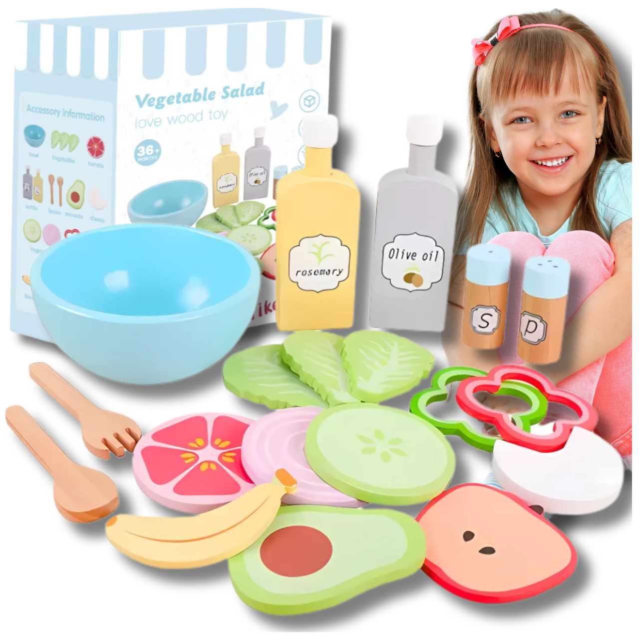Kids Wooden Vegetable Set Salad Bowl with Dressings