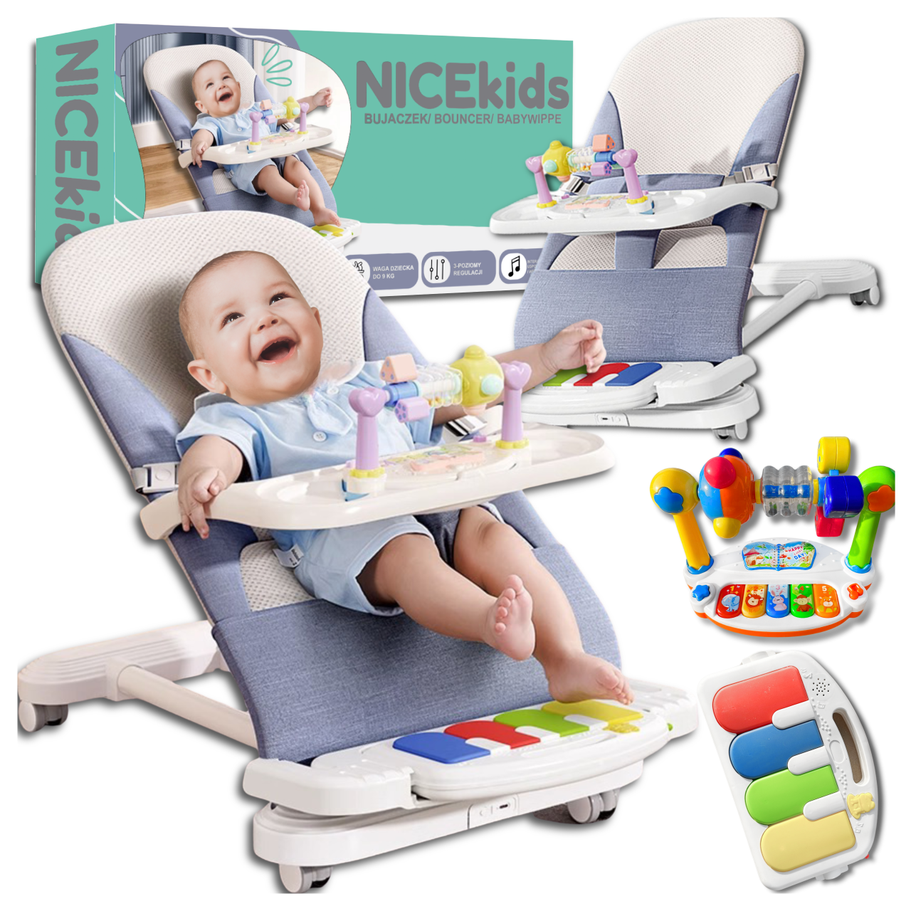 Nicekids Folding Baby Lounger Rocking Chair + Piano Rattles Toys, Blue
