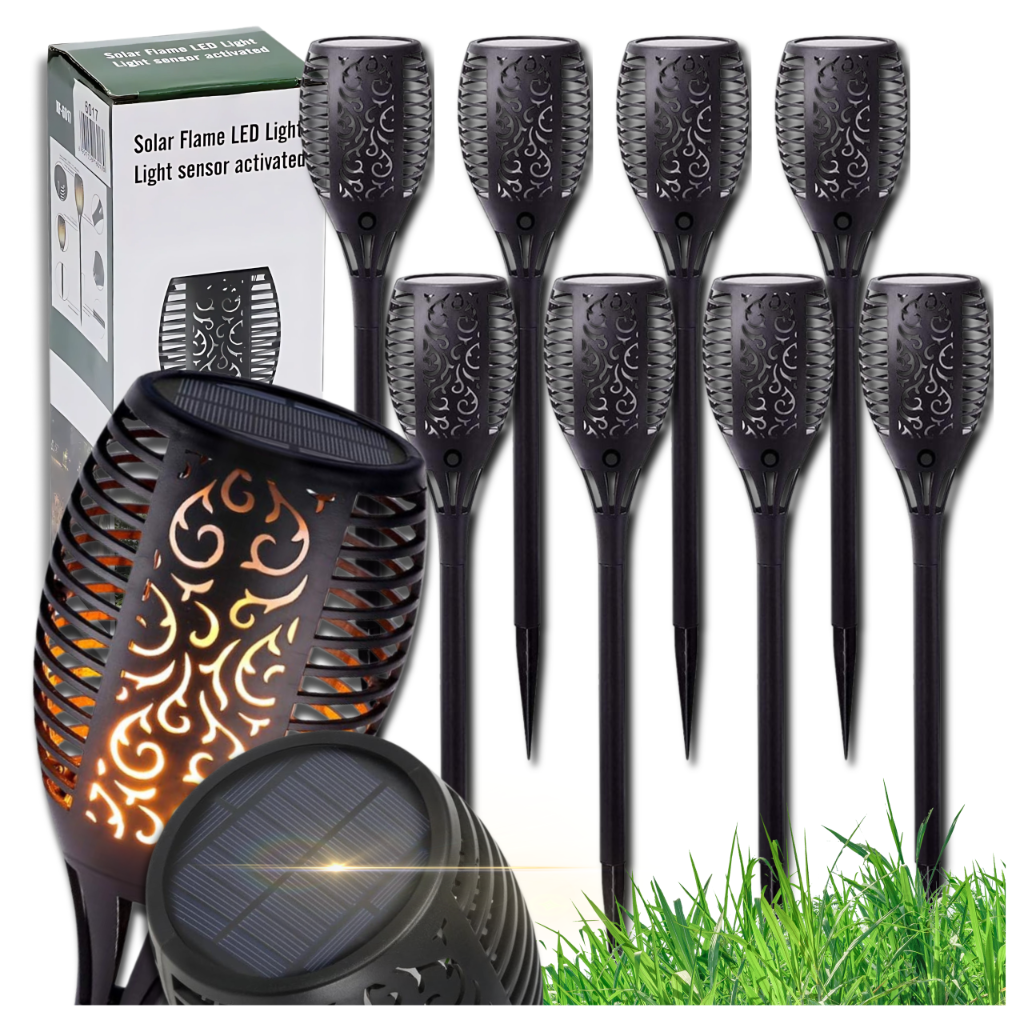 Solar Garden Torch Lights with Flickering Flame, Outdoor LED Lamps, 8 Pack