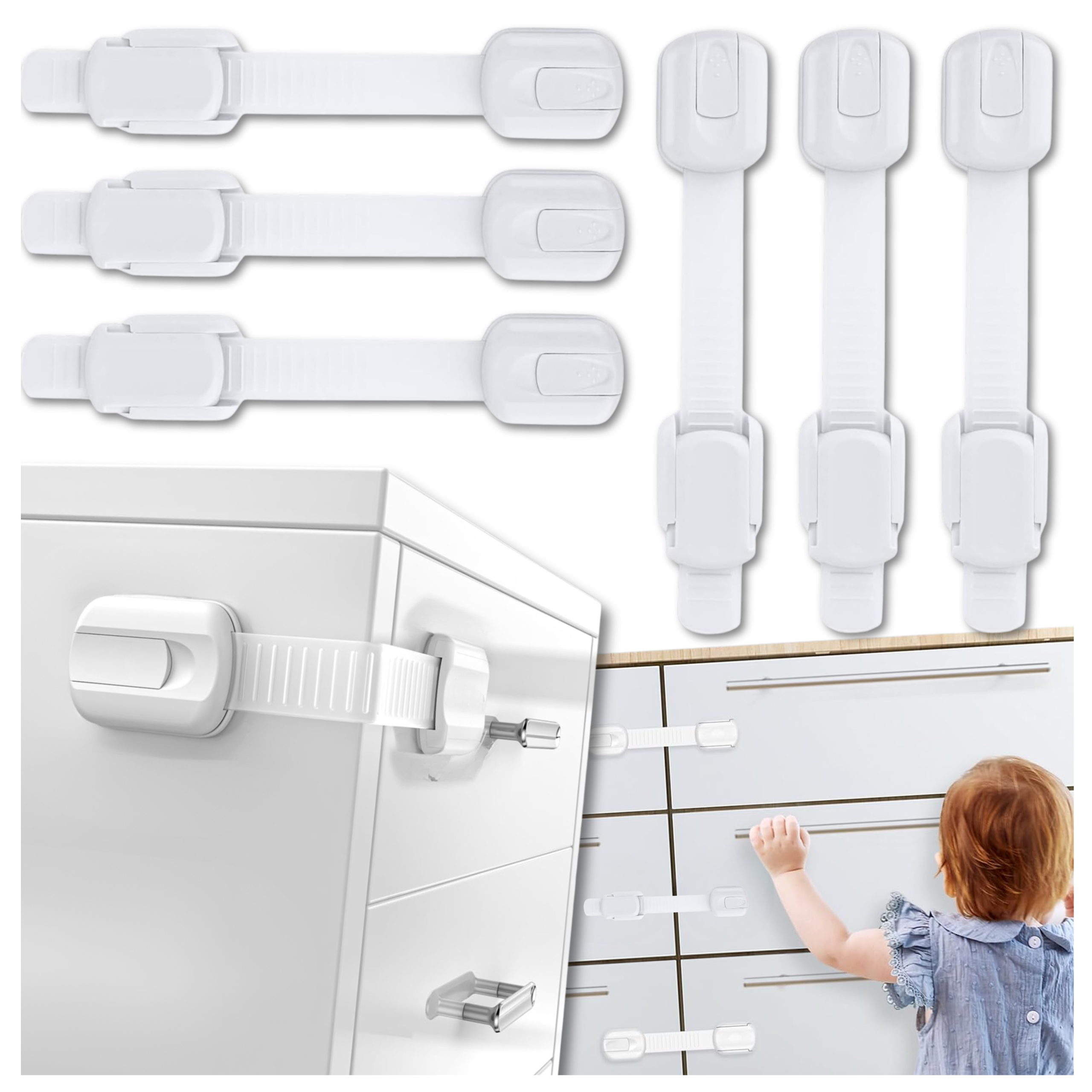 Child Safety Strap Locks for Cabinets and Drawers Nicekids, 6 Pack, White