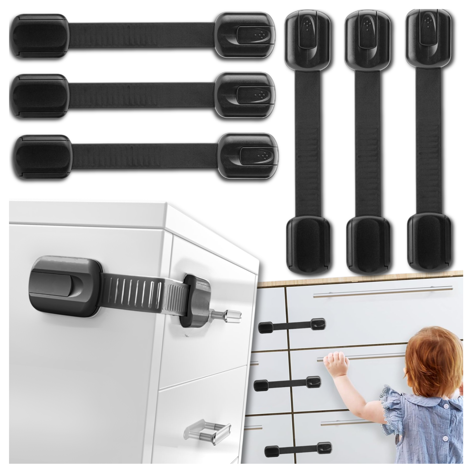 Adhesive Child Safety Locks for Cabinets and Drawers Nicekids, 6 Pack, Black