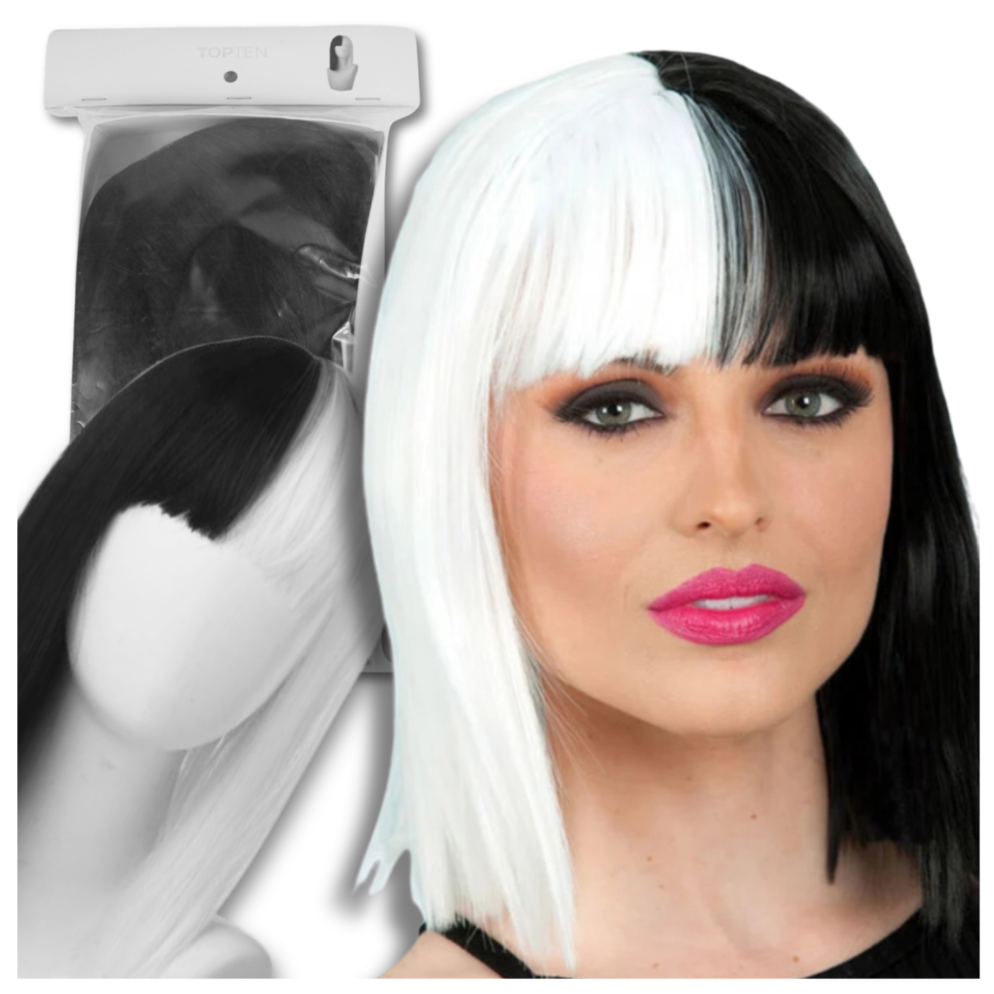 Short Black and White Wig with Bangs for Carnival and Costume Parties