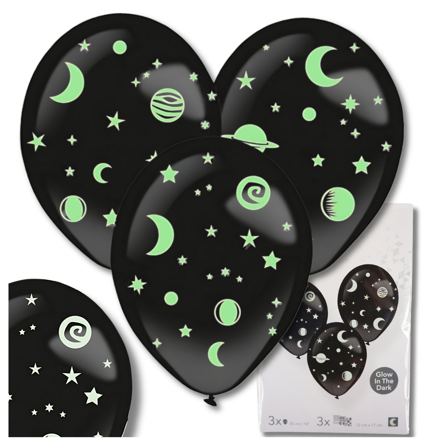 Latex Balloons with Glow in The Dark Star Stickers, 3 Pack, 35 cm, Black