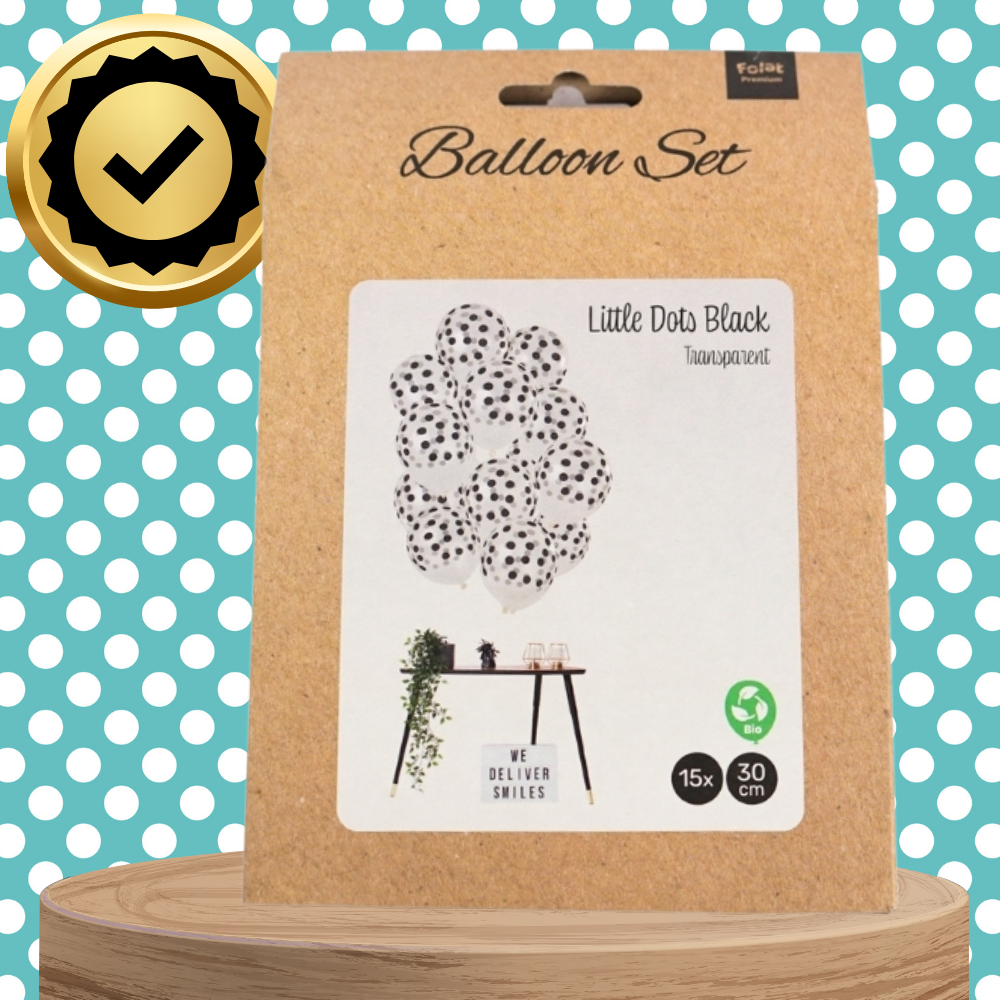 Bakalu Transparent Balloons with Black Dots, 15 pcs