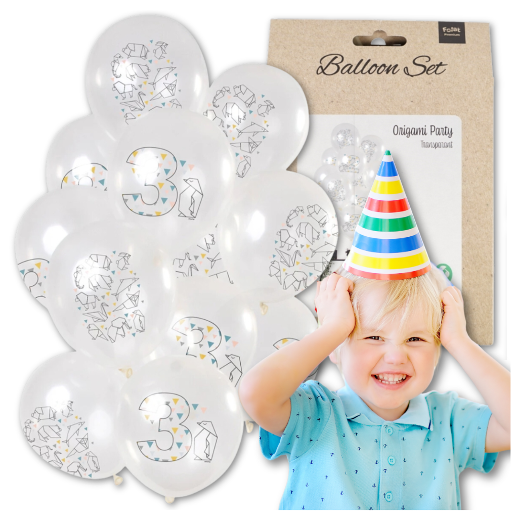 Transparent 3rd Birthday Balloons with Origami Print, 12 Pack