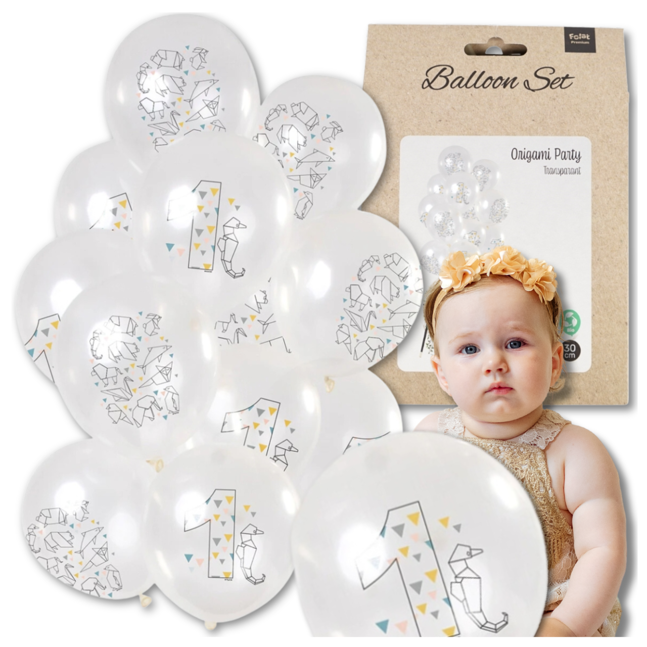 Large Transparent First Birthday Balloons Origami 12 pcs, White