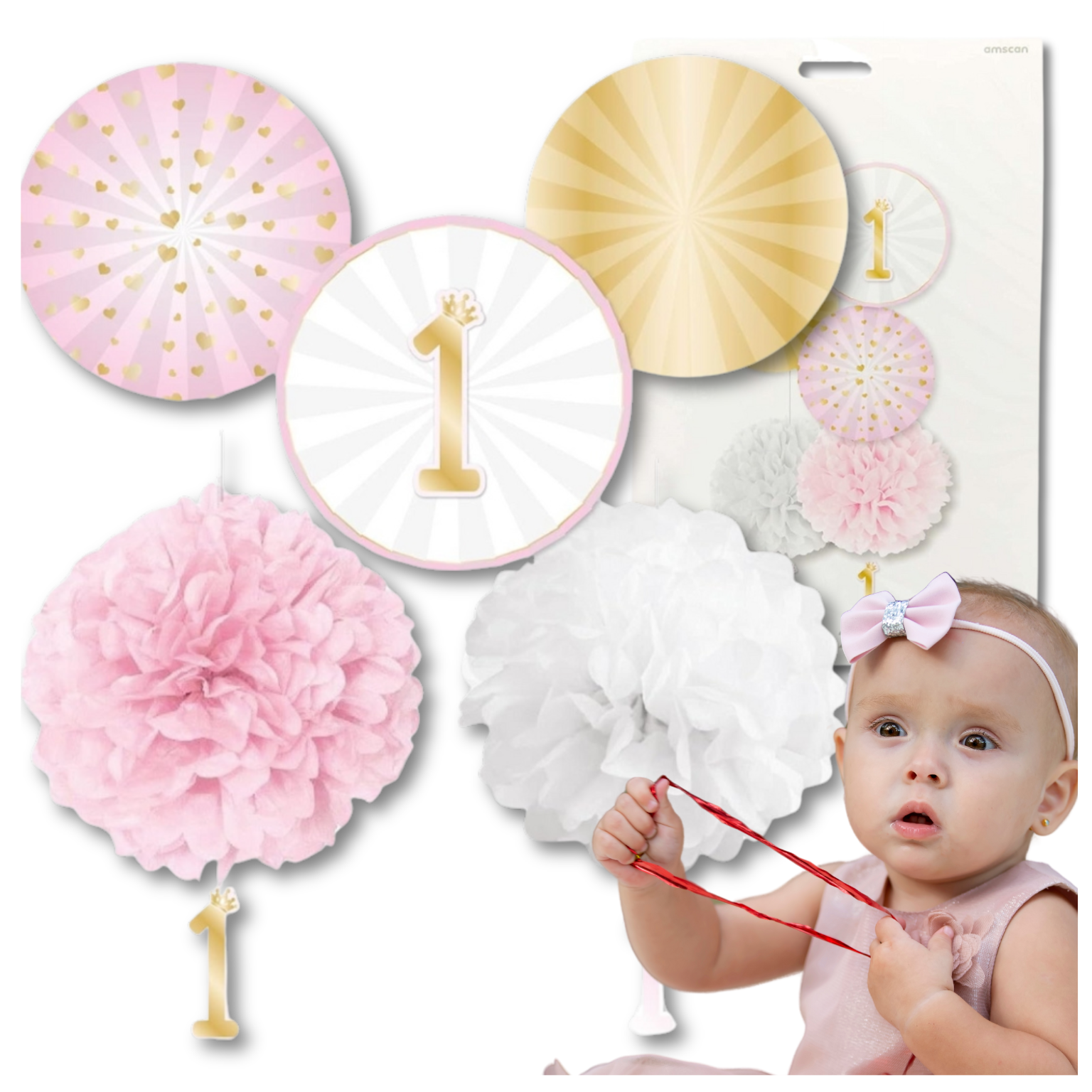 Girl's 1st Birthday Decoration Set, 5 Pcs, Pink