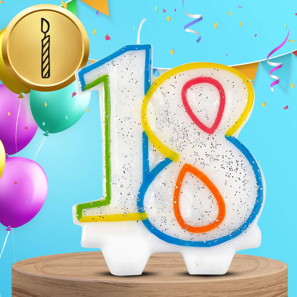 Bakalu Birthday Candle Number 18 with Glitter, Multicolor