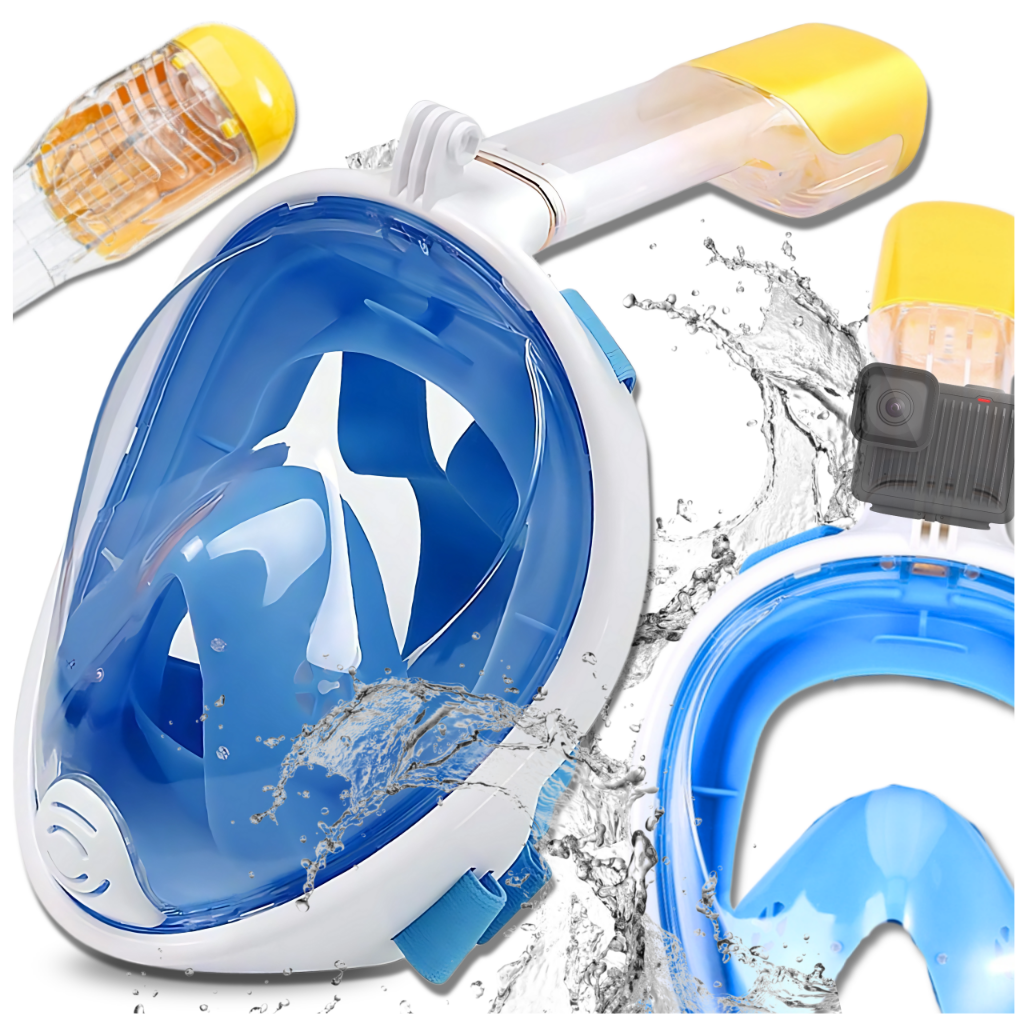 Foldable Full Face Snorkel Mask S/M with Camera Mount for Swimming, White and Blue